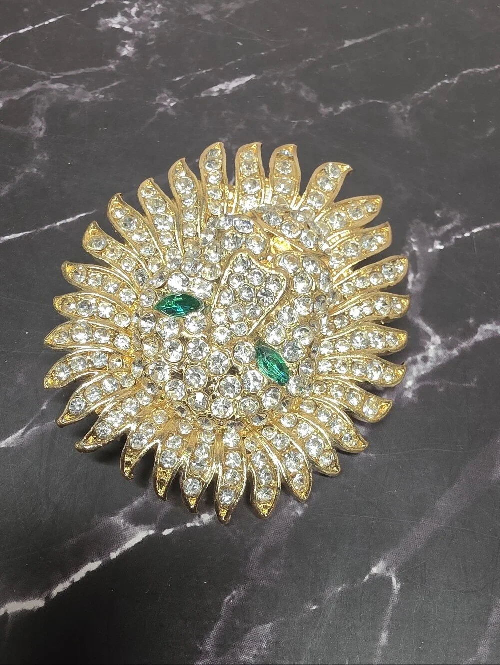 Vintage Signed JB Rhinestone Lion Brooch Green Eyes Gold Tone